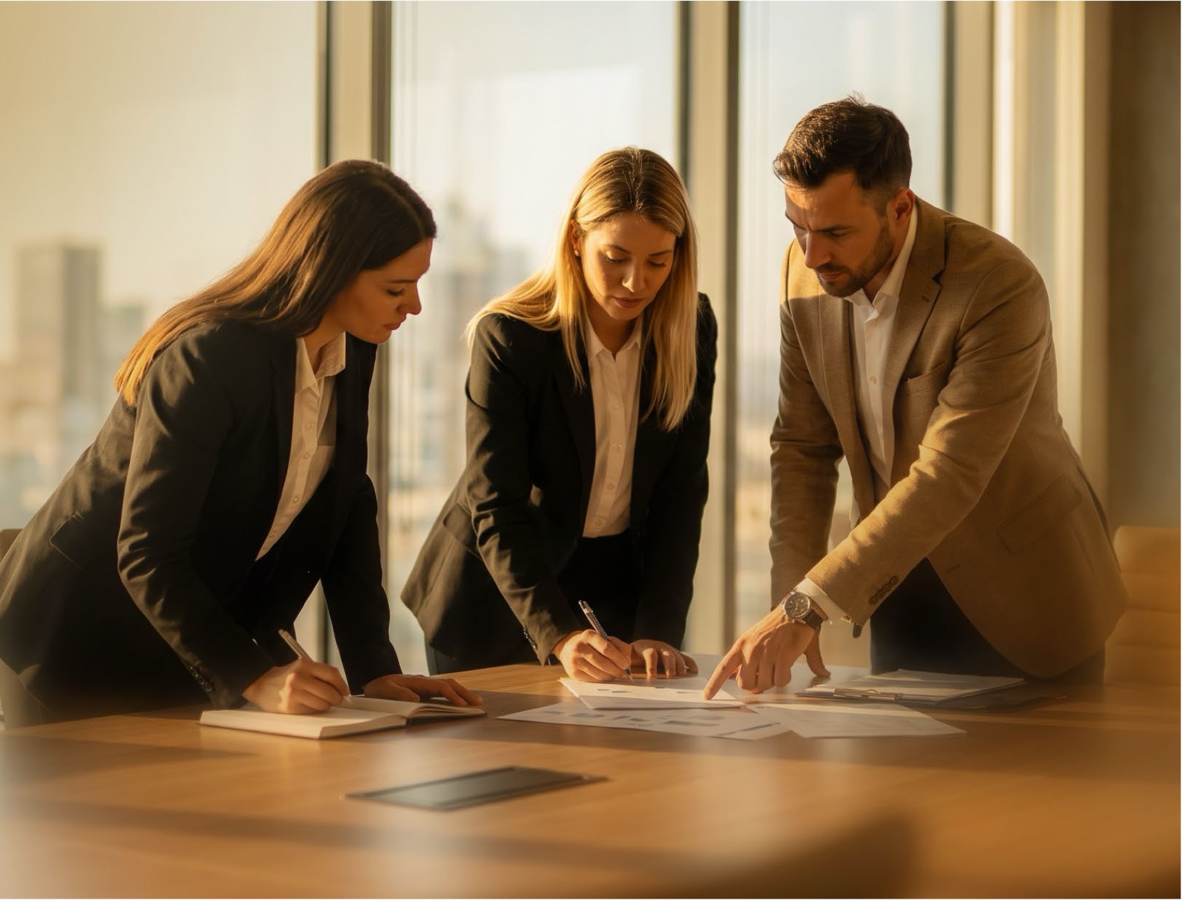 Trois avocats du cabinet LSIX travaillant autour d'une table